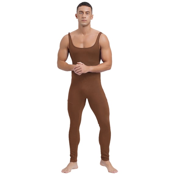 Haitryli Men's One Piece Athletic Unitard Full Body Jumpsuit Spandex Dancewear Catsuit Tank Rompers Brown XL
