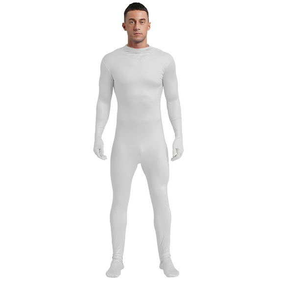 Haitryli Men's One Piece Unitard with Full Finger Glovers Stand Collar Full Body Suits Costume White 190