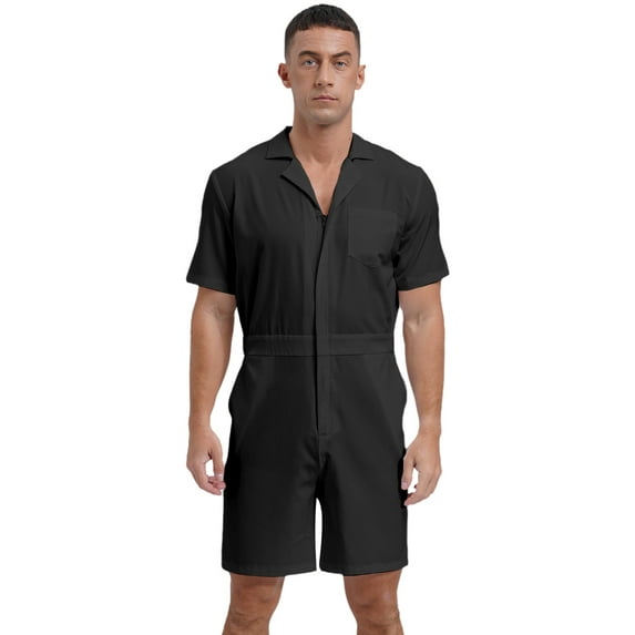 Haitryli Men's Rompers Solid Color Turn-Down Collar Short Sleeve Casual One Piece Overalls Black M