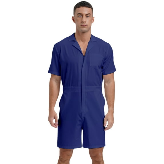 Haitryli Men's Rompers Solid Color Turn-Down Collar Short Sleeve Casual One Piece Overalls Royal Blue XL