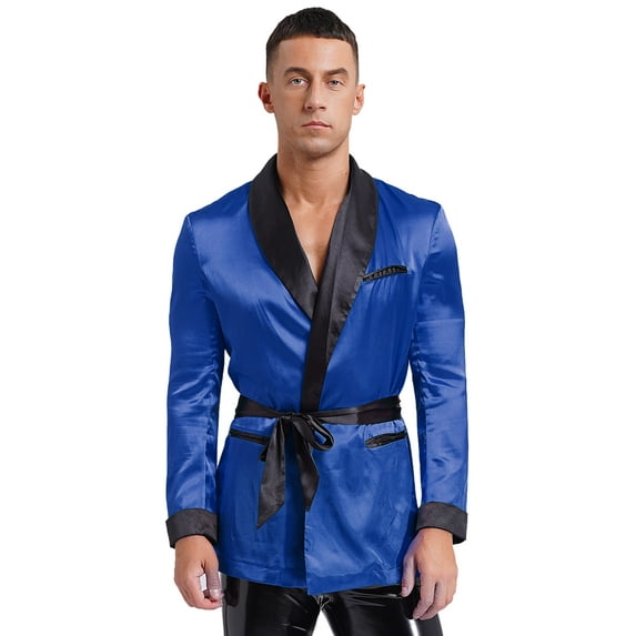 Haitryli Men's Short Satin Smoking Robe with Belt Lightweight Bathrobe Pajamas for Spring Summer Royal Blue XL