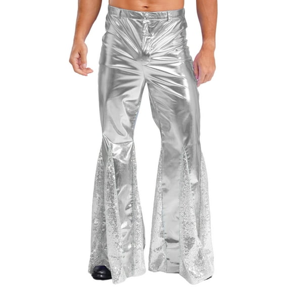 Haitryli Men's Sparkly Sequins Flared Night Club Disco Pants for Rave Outfits Silver M