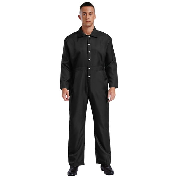Haitryli Men's Work Coveralls Workwear Lightweight Long Sleeve Button-up Loose Fit One Piece Jumpsuit Black L