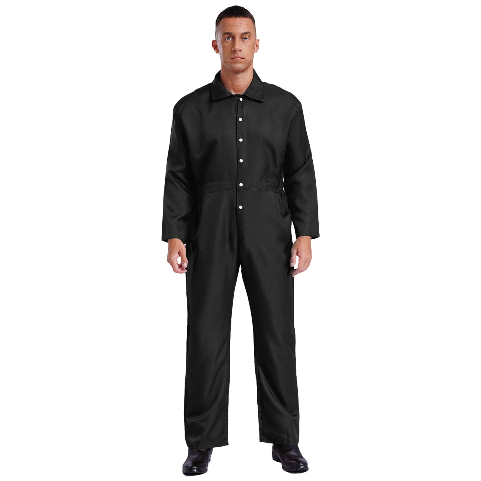 Haitryli Men's Work Coveralls Workwear Lightweight Long Sleeve Button-up Loose Fit One Piece Jumpsuit Black XXL