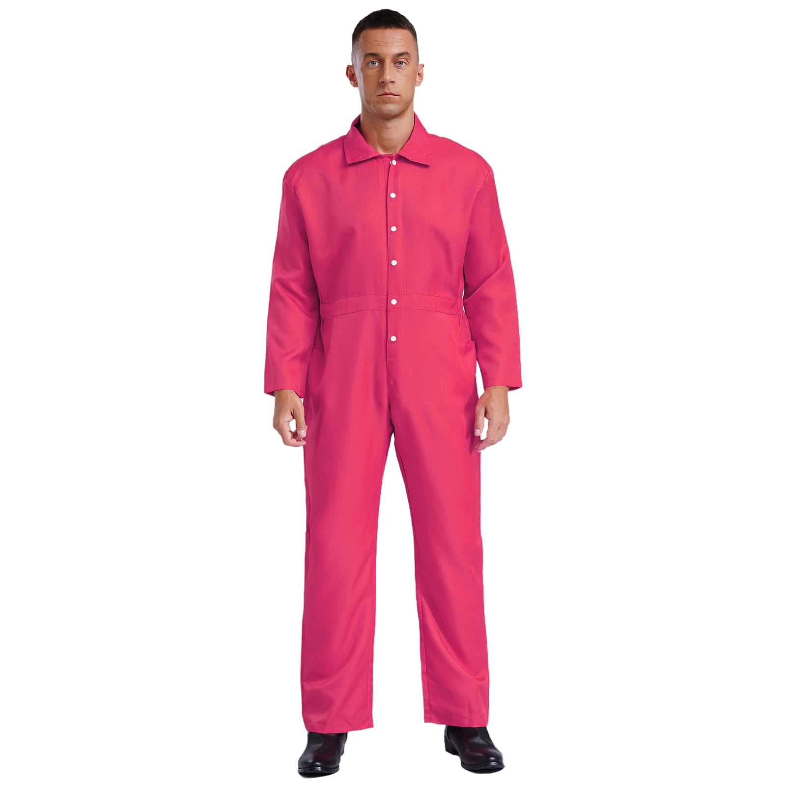 Haitryli Men's Work Coveralls Workwear Lightweight Long Sleeve Button-up Loose Fit One Piece Jumpsuit Hot Pink L