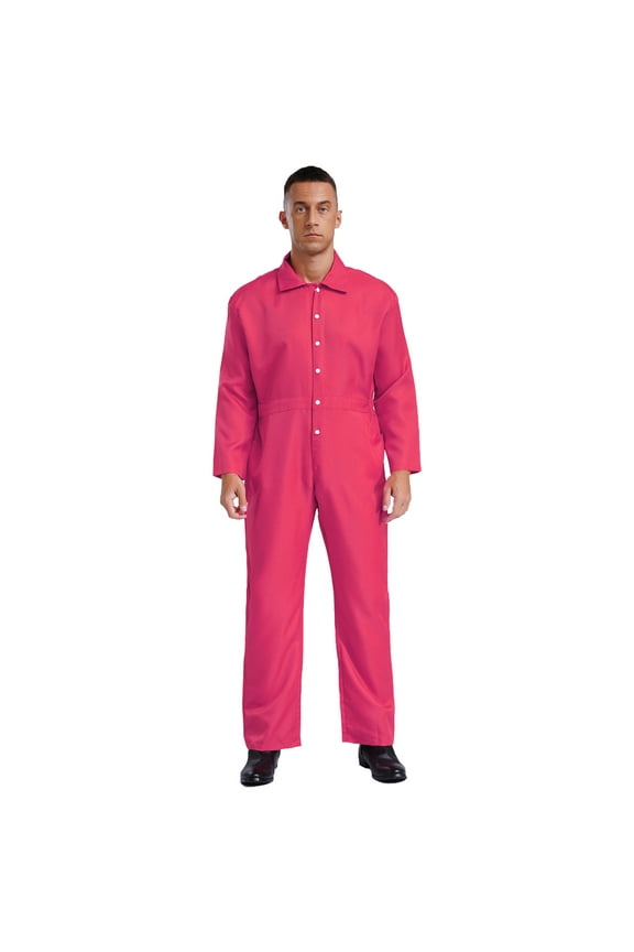 Men's Work Coveralls Workwear Lightweight Long Sleeve Button-up Loose Fit One Piece Jumpsuit Hot Pink L