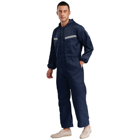 Haitryli Men's Work Overalls Long Sleeve Hooded Reflective Coveralls Mechanics Workwear Jumpsuit Dark Blue 4XL