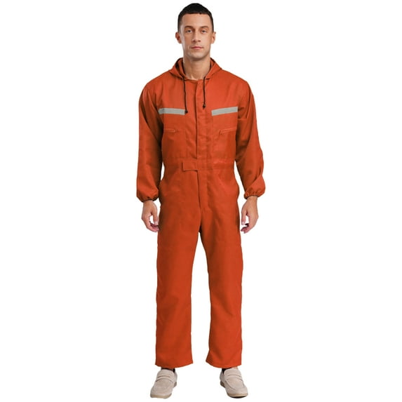 Haitryli Men's Work Overalls Long Sleeve Hooded Reflective Coveralls Mechanics Workwear Jumpsuit Orange L