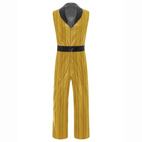 Haitryli Mens 70s Disco Jumpsuit V Neck Sleeveless Wide Leg Bodysuit Shiny Metallic Romper Gold L