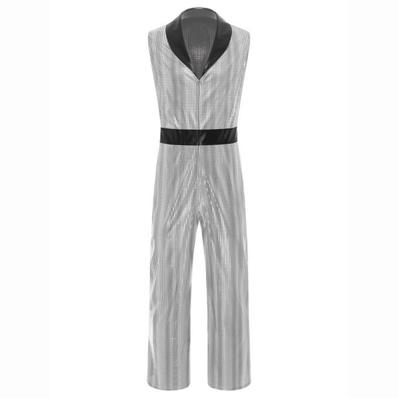 Haitryli Mens 70s Disco Jumpsuit V Neck Sleeveless Wide Leg Bodysuit Shiny Metallic Romper Silver M