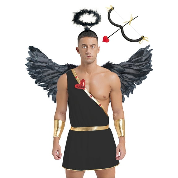 Haitryli Mens Adult Cupid Costume Greek Roman God of Love Valentine Dress Up with Wings Headband and Black 3XL