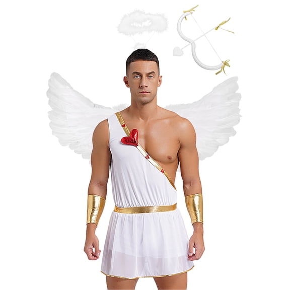 Haitryli Mens Adult Cupid Costume Greek Roman God of Love Valentine Dress Up with Wings Headband and White XL