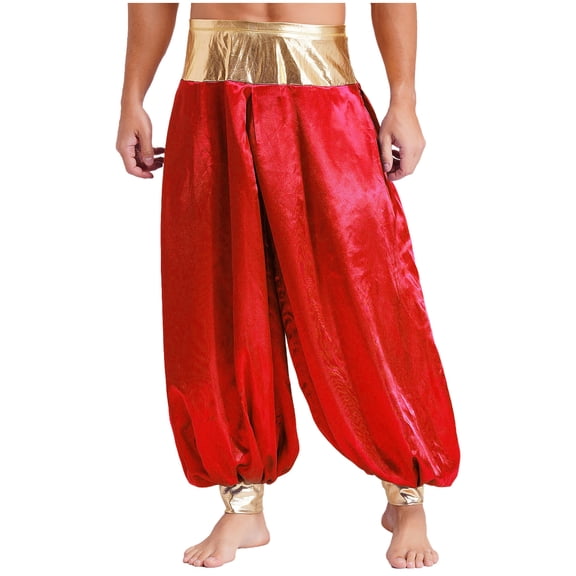 Haitryli Mens Arab Prince Costume Halloween Harem Pants Loose Bloomers Trousers Belly Dance Pants Burgundy XL