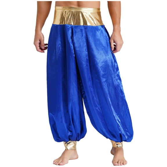 Haitryli Mens Arab Prince Costume Halloween Harem Pants Loose Bloomers Trousers Belly Dance Pants Royal Blue S