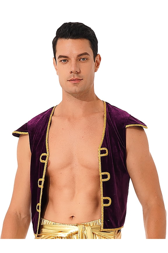 Mens Costume Arabian Prince Vest Waistcoat Sleeveless Jacket Halloween Cosplay Outerwear Dark Purple L