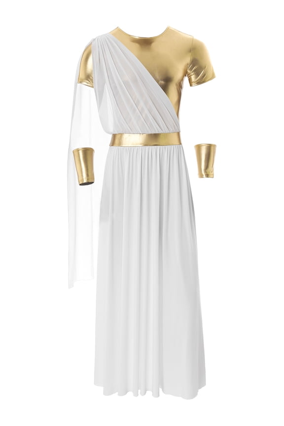Mens Halloween Ancient Greek Toga with Gloves Short Sleeve Robe with Wristband Tunic Roman White 3XL