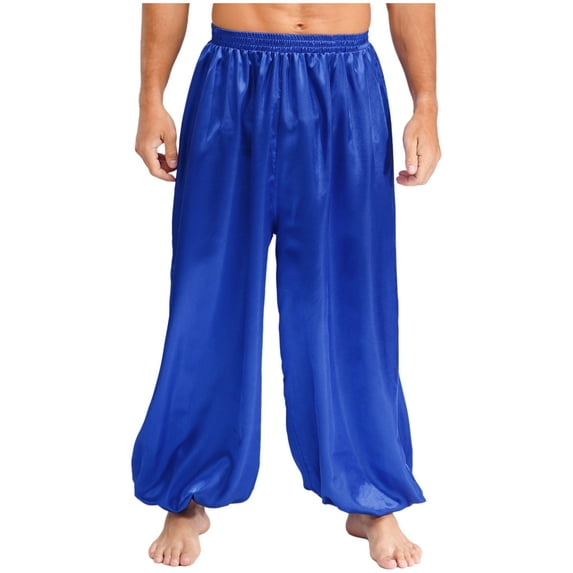 Haitryli Mens Halloween Arabian Prince Trousers Shiny Satin Elastic Waist Gold Trim Lantern Pants Royal Blue S