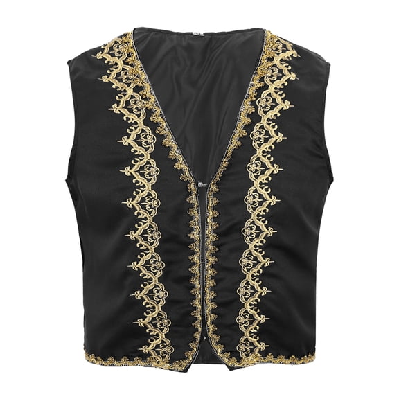 Haitryli Mens Medieval Victorian Sleeveless Vest Gold Trims Figure Gothic Waistcoat Arabian Jacket Black M