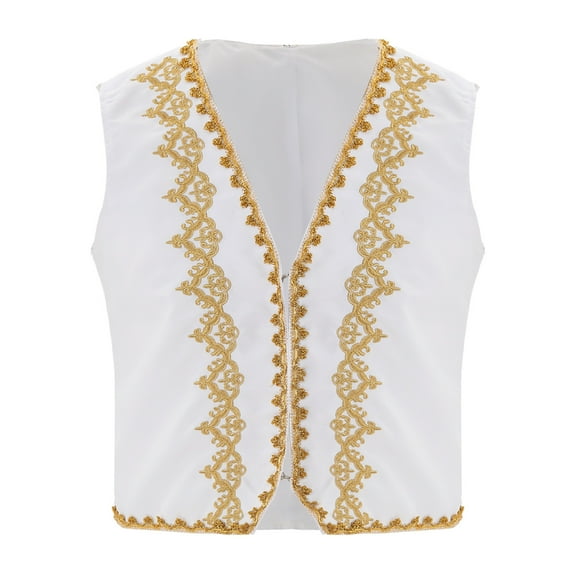 Haitryli Mens Medieval Victorian Sleeveless Vest Gold Trims Figure Gothic Waistcoat Arabian Jacket White XL