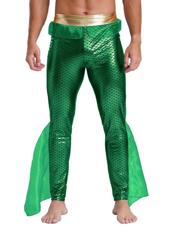 Mens Mermaid Pants Fishscale Print Tights Leggings King of The Seas Costume Cosplay Fancy Green M