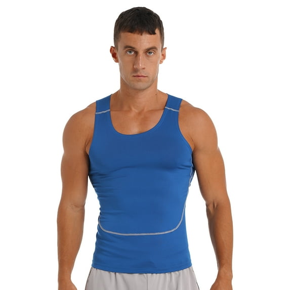 Haitryli Mens Muscle Compression Tank Training Workout Vest Sleeveless Rash Guard Shirts Fitness Tee Blue L