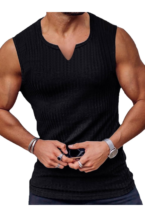 Mens Muscle Tank Sleeveless Ribbed Tops Training Workout Vest Athletic Performance Shirts Black M