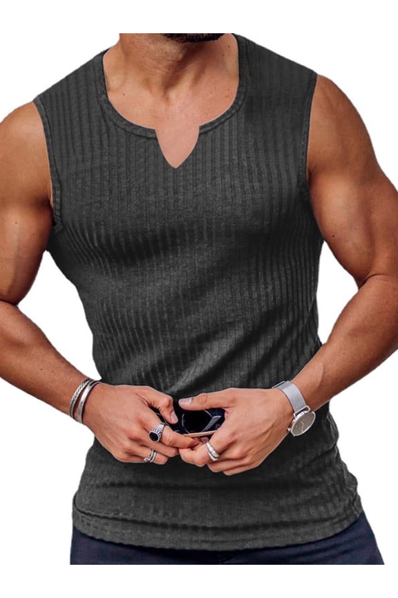 Mens Muscle Tank Sleeveless Ribbed Tops Training Workout Vest Athletic Performance Shirts Dark Grey M