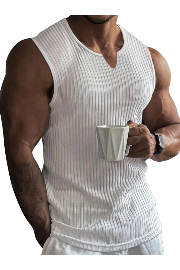 Mens Muscle Tank Sleeveless Ribbed Tops Training Workout Vest Athletic Performance Shirts White XXL