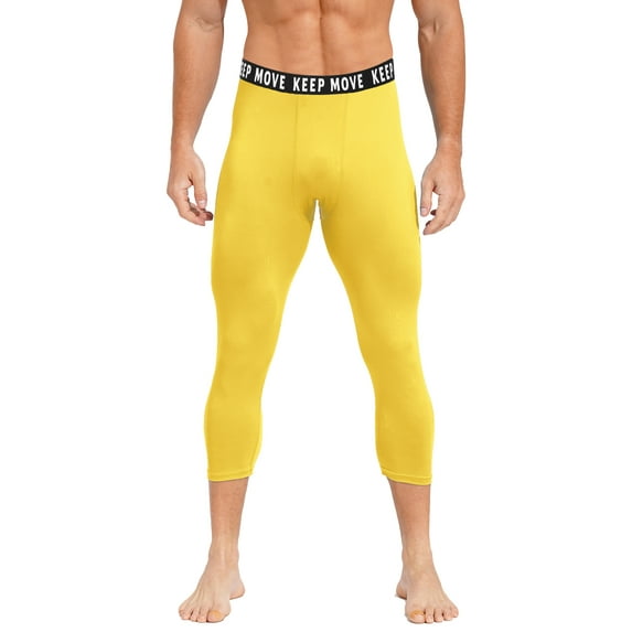 Haitryli Mens Quick Dry Compression Tights Sport Athletic Pants Calf Length Legging Sleep Base Layer Yellow XXL
