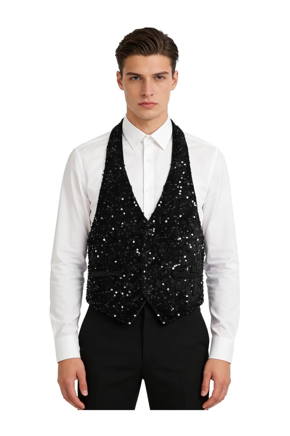 Mens Sequins Suit Vest Formal V-neck Backless Shiny Waistcoat Prom Party Tuxedo Vests Black M
