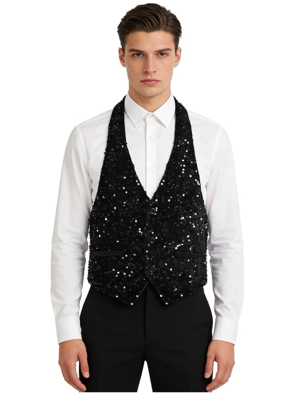 Mens Sequins Suit Vest Formal V-neck Backless Shiny Waistcoat Prom Party Tuxedo Vests Black XXL