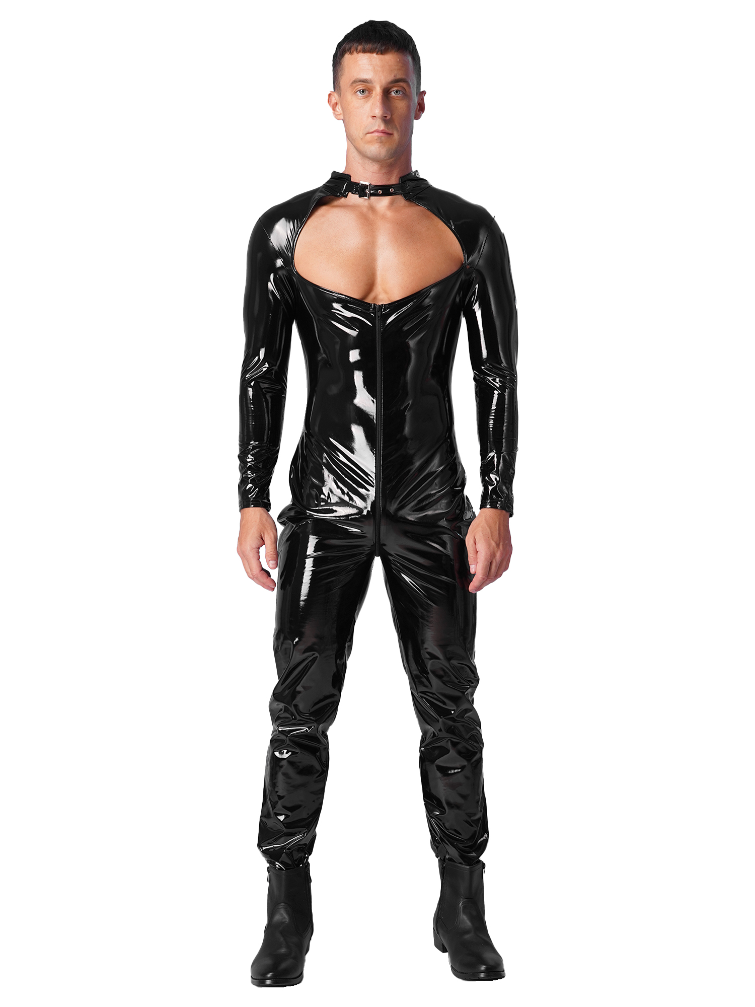 Men's PU Leather and Mesh Patchwork Jumpsuit / Sexy Male Black Zipper Sleeveless Bodysuits main image 1