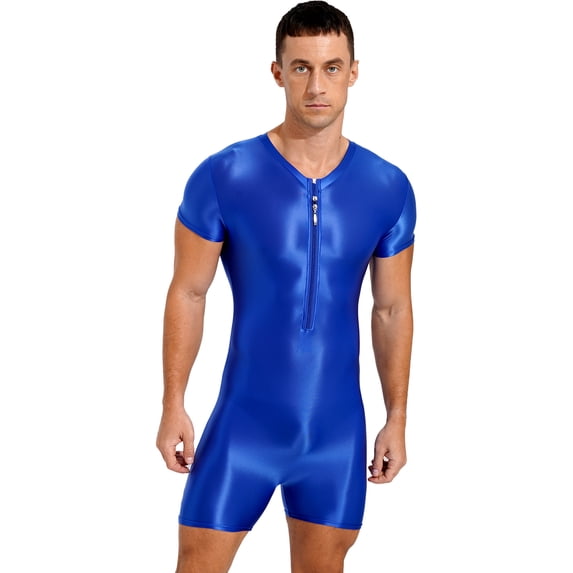 Haitryli Mens Zipper Front Workout Bodysuit Glossy Silky Compression Muscle Shaper Biketard Unitard Blue M
