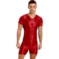 thumbnail image 1 of Haitryli Mens Zipper Front Workout Bodysuit Glossy Silky Compression Muscle Shaper Biketard Unitard Burgundy XL, 1 of 7