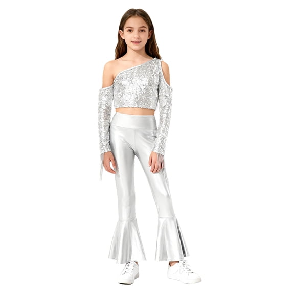 Haitryli Metallic 70S Disco Vintage Hippie Outfits Kids Girl Sequins Crop Top and Bell Bottom Pants Jazz Stage Dancewear Silver 16