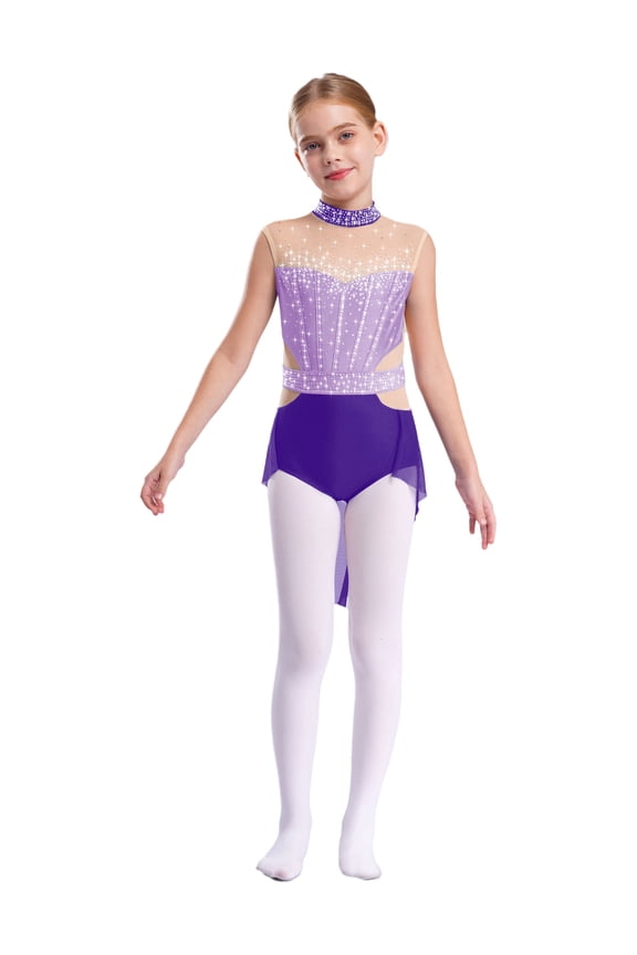 Rhinestone Gymnastics Figure Skating Dress for Girls Backless Ballet Leotard Lyrical Performance Dancewear Purple 8