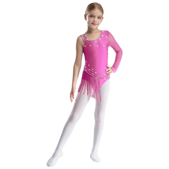 Haitryli Rhinestone Rhythmic Gymnastic Leotards for Girls Tassel Latin Dance Figure Skating Skirted Bodysuit Dress Hot Pink 14