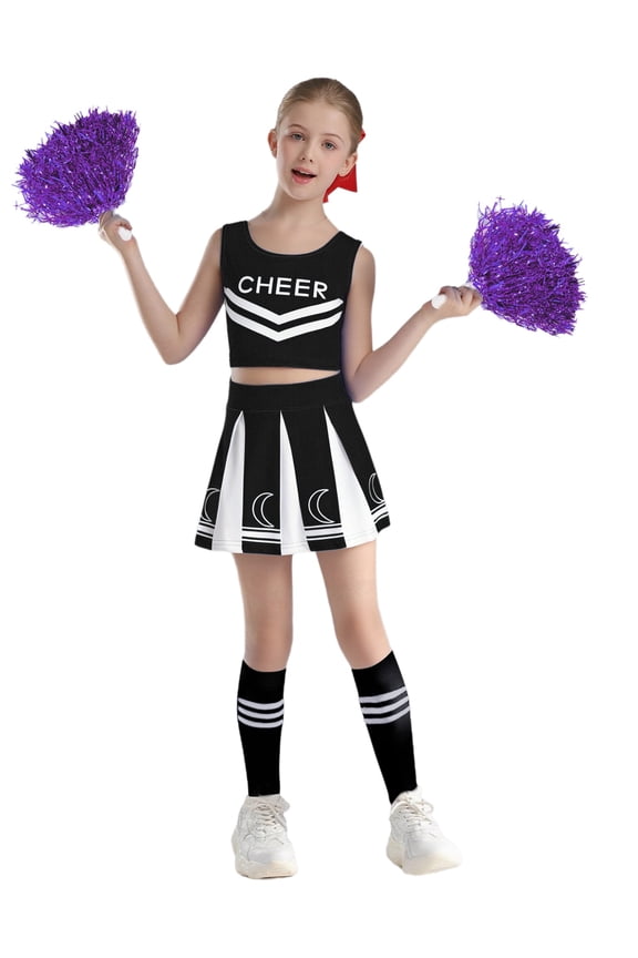 School Girls Cheerleading Uniform Dress Crop Top Skirt and Pom Poms Outfits Carnival Cheer Dance Clothes Set Black 5-6