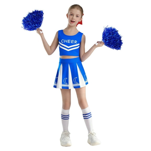 Haitryli School Girls Cheerleading Uniform Dress Crop Top Skirt and Pom Poms Outfits Carnival Cheer Dance Clothes Set Blue 5-6