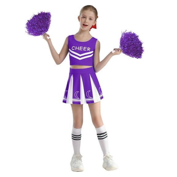 Haitryli School Girls Cheerleading Uniform Dress Crop Top Skirt and Pom Poms Outfits Carnival Cheer Dance Clothes Set Purple 5-6