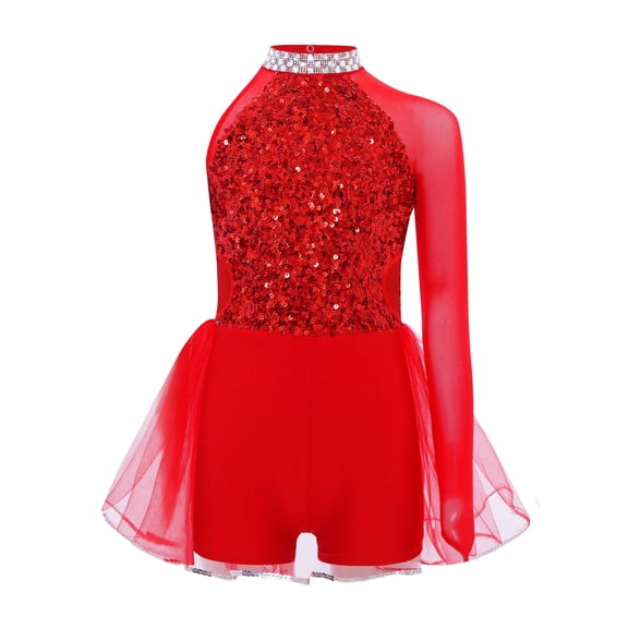 Haitryli Sequins Asymmetrical Jazz Dance Leotard for Girls Mesh One Long Sleeve Tulle Skirted Ballet Dance Bodysuit Unitard Red 10