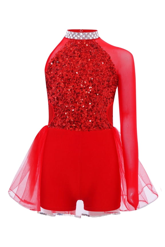 Sequins Asymmetrical Jazz Dance Leotard for Girls Mesh One Long Sleeve Tulle Skirted Ballet Dance Bodysuit Unitard Red 10