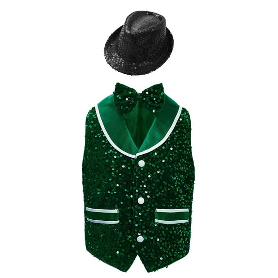 Haitryli Sequins Waistcoat for Girls Boys Fancy Hip Hop Dance Vest Disco Party Dress Up Latin Jazz Dance Shirts Dark Green 16