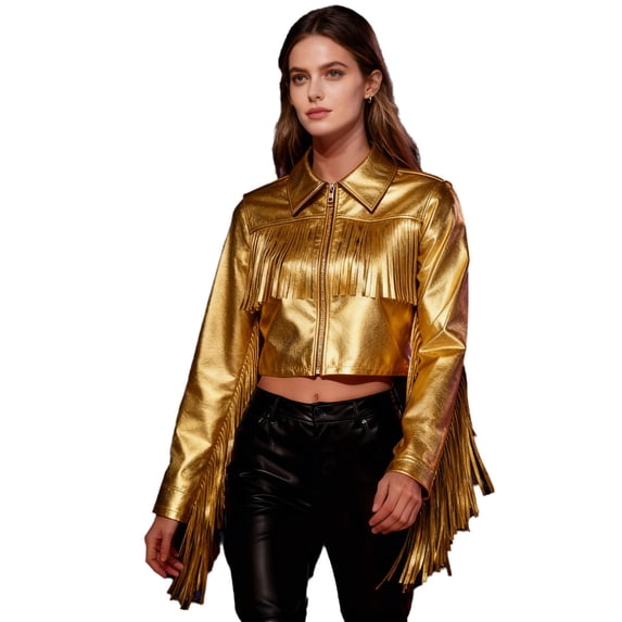 Haitryli Shiny Fringe Cropped Jacket for Women Long Sleeve Lapel Zip Up Western Style Biker Outerwear Gold S