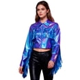 thumbnail image 1 of Haitryli Shiny Fringe Cropped Jacket for Women Long Sleeve Lapel Zip Up Western Style Biker Outerwear Iridescent L, 1 of 6