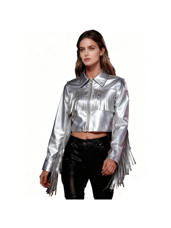 Shiny Fringe Cropped Jacket for Women Long Sleeve Lapel Zip Up Western Style Biker Outerwear Silver XL