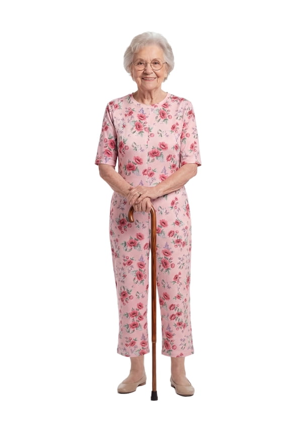 Short Sleeve Floral Print Anti-Strip Adaptive Jumpsuit for Elderly Women Seniors Incontinence Care Pink S