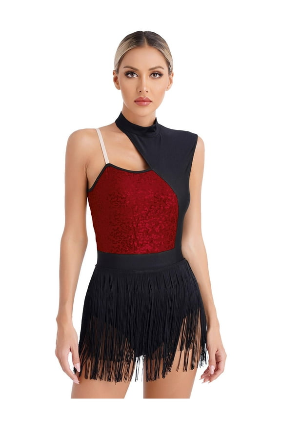 Sleeveless Fringe Bodysuit Shiny Sequins Tassel Leotard Latin Jazz Dance Costume for Women Burgundy M