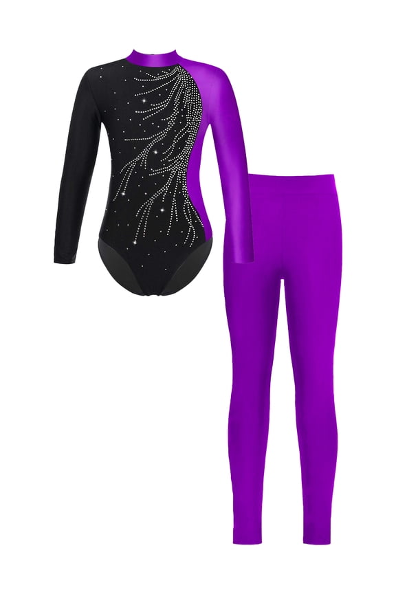 Toddler Girls Gymnastics Unitards Catsuit Long Sleeves Ballet Leotards with Leggings Full Body Dance Bodysuit Purple 6