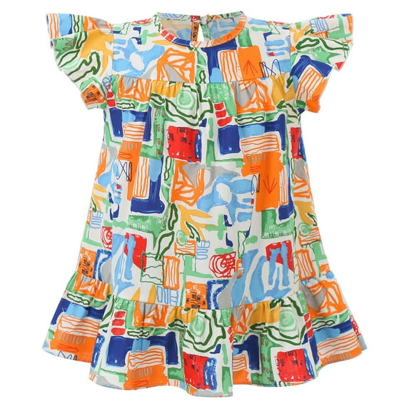 Haitryli Toddler Kids Girls Cotton Flying Sleeve Floral Dress Summer Beach Holiday Playwear Sundress Colorful 4-5